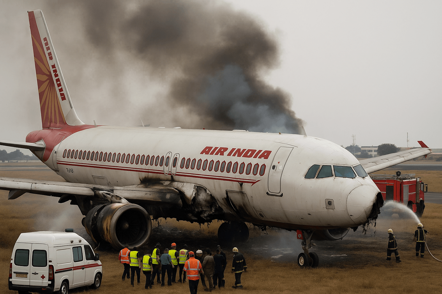 Ahmedabad plane crash के बाद रनवे पर खड़ा एयर इंडिया का जला हुआ विमान और राहत दल